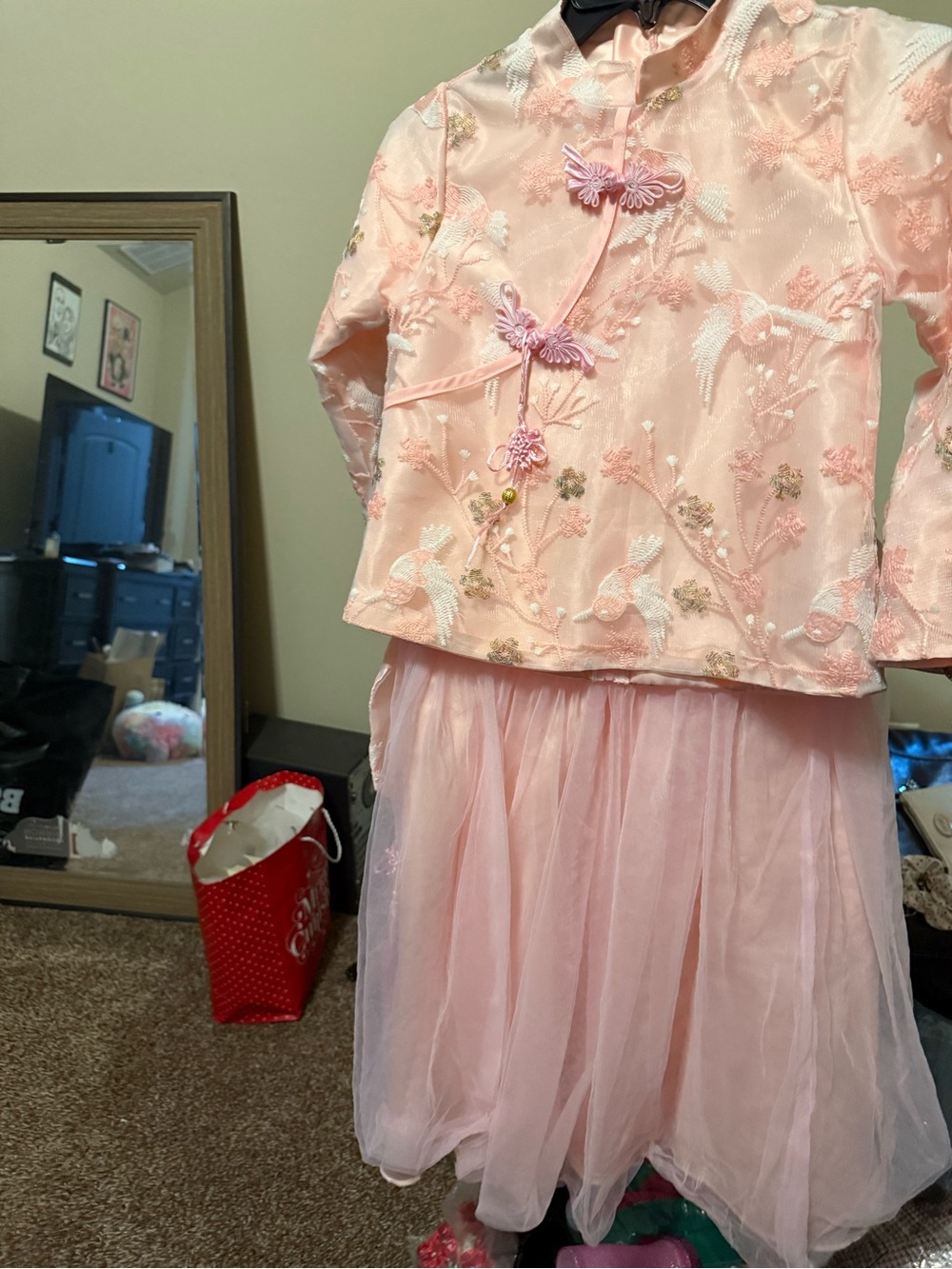 Chinese Jacquard Qipao Girls Pink Embroidered Two-Piece Dress Set